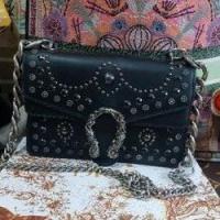 ราคา กระเป๋าหนังแท้กุชชี่ไดโอประดับหมุดสีดำมือสอง (22229219161)