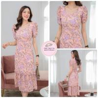 ราคา เดรสยาวสีชมพูหวานลายดอกสีม่วง (40911259747)