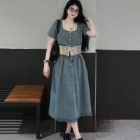 ราคา เซทด้านบนและกระโปรงเสื้อยีนคอยูแขนสั้นหญิงชายลูกไม้ผสมกระโปรงยีนส์ยาวแมกซี่สุดน่ารัก ข785 (40414548072)