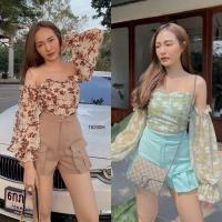 ราคา ชุดเที่ยว Set 2 ชิ้น เสื้อทรงเกาะอกแขนยาว ผ้าซีทรูลายดอกไม้ สม็อคหลัง + กางเกงขาสั้น ผ้าซาร่า (7778602900)