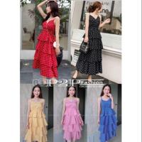 ราคา เดรสสายเดี่ยวลายจุดทรงขนมชั้น (2401658074)