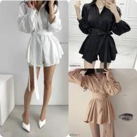 ราคา เสื้อผ้าแฟชั่นผู้หญิง ชุดลำลอง ใส่เที่ยว เสื้อปกเชิ้ต พร้อมกางเกงขาสั้น พร้อมส่ง (20185536332)