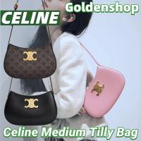 ราคา เซลีน CELINE Triomphe Medium Tilly Bag Canvas And Calfskinกระเป๋าสะพายเดี่ยว (24541430354)