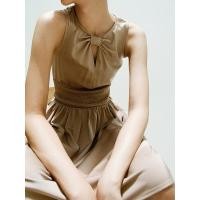 ราคา Pomelo - เดรสเอวสม็อคแต่งดีเทลโบว์ที่คอ Bow Neck Elastic Waist Dress ไซส์ XS สีน้ำตาลทอง (used like new) (28236084253)