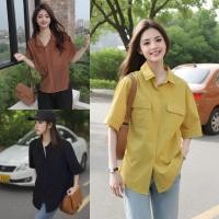 ราคา เสื้อเชิ้ตแขนสั้นสีเอิร์ธโทน จากผ้าไหมอิตาลีเนื้อดี มีกระเป๋าด้านหน้า ดีไซน์คอปก (28809429983)