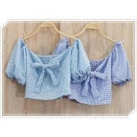 ราคา เสื้อครอปปาดไหล่แฟชั่น ลายสก็อต ผูกหน้า แขนฟักทอง(แขนพอง) (18108470286)