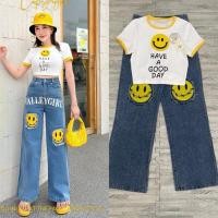 ราคา (L,xl) งานจริงวางพื้นนะคะ) ชุดยีนส์ ลายยิ้ม เสื้อยืด+กางเกงยีนส์ เอวสูง งานป้าย sn (26211294972)