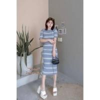 ราคา สีฟ้า** เดรสยาว ผ้าไหมพรม เนื้อผ้านิ่ม เดรสไหมพรมเข้ารูป (24390587409)