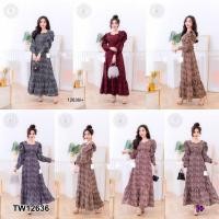 ราคา TW12636 เดรสยาวผ้าโฟร์เวย์ พิมพ์ลายเสือ (22169663048)