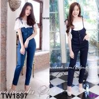 ราคา ชุดเอี๊ยม ผ้าสียีนส์เทียมขายาว ชุดน่ารักมาก+เสื้อเปิดไหล่ผ้าไหมอิตาลี สายเอี๊ยมที่เป็นแบบผูกปรับระดับได้ (472503689)