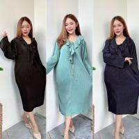 ราคา ชุดเดรส ชุดใส่ทำงาน ชุดออกงาน ชุดพลีท Pleated Dress ยืดได้Freesize ชุดพลีทคอระบายสีพื้นคลุมโทนชุดเดรสสุภาพใส่คลุมท้องได้ (13287195500)