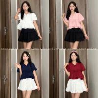 ราคา เสื้อเบบี้ดอลล์พอง ก.726 เสื้อครอปทรงบาน2ชั้นน่ารัก เสื้อเบบี้ดอลล์แขนพองคอระบาย - ร้านลายจุด (28227703964)