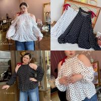 ราคา /LD/ เสื้อสาวอวบ ไซส์อก40-52 เว้าช่วงไหล่ Polka Dot สุดฮิต แต่งโบว์แดงน่ารักไปอี้กก #เสื้อไซส์ใหญ่ พลัสไซส์ (25545308430)