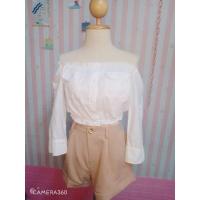 ราคา เสื้อครอปเชิ้ต ปาดไหล่ เอวจั้ม (7956757667)