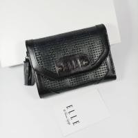 ราคา ELLE แท้!!! กระเป๋าสตางค์ผู้หญิงใบกลาง สามพับ สีดำ หนังแท้ หนังฉลุลายสาน อะไหล่รมดำ ของใหม่ (13930285570)