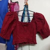 ราคา เสื้อครอปแขนพอง สีแดงไวน์ (22887864489)