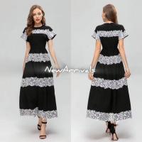 ราคา เดรสยาวดีไซส์คอกลม สีดำแต่งตัดสลับกับลูกไม้สีขาว (29307178362)