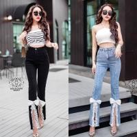 ราคา กางเกงยีนส์ทรงขาม้า ผ่าปลายขาเเต่งลูกไม้ติดโบว์ น่ารักๆ (S-6XL) (18724769963)