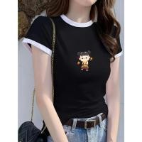 ราคา เสื้อครอปคอกลมแขนสั้นดำแถบขาว สไตน์มินิมอล ลายสกรีนน่ารัก พร้อมส่ง (42308975136)