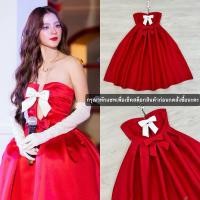 ราคา งานป้าย AIYON เดรสออกงานสีแดง เดรสยาวเกาะอกผ่าหน้าแต่งเข็มกลัดโบว์ กระโปรงทรงสวยเรียบหรู (47450042711)