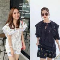 ราคา งานป้าย Pairy Tale เซตขาสั้น เสื้อลูกไม้ฉลุคอปกทหารเรือพิมพ์ลายดอกไม้ กางเกงขาสั้นเข้าเซต (12095380509)