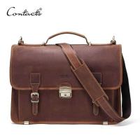 ราคา Retro Contact's Men's Crazy Horse Leather Men Briefcase Bag Male Business Shoulder Bags Large Capa (29005235177)