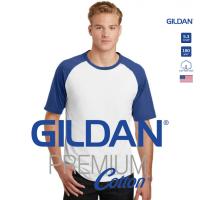 ราคา GILDAN® เสื้อยืดไหล่สโลป แขนสั้น - ตัวขาว แขนน้ำเงิน (14503706243)