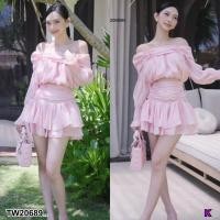 ราคา set 2 ชิ้น เสื้อโชว์ไหล่ ลำตัวพอง แขนยาว ผ้าแก้วแคนดี้ + กระโปรงซิปหลัง+ยางยืด (28450305520)