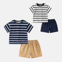 ราคา ชุดแขนสั้นสำหรับเด็กชายฤดูร้อนใหม่ ชุดเสื้อยืดคอกลมลายทางและกางเกงขาสั้นสองชิ้น (29126450071)