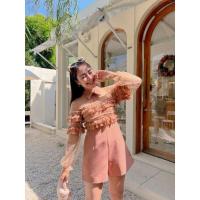 ราคา จั้มสั้นสีพีชคอปกแขนยาวซีทรู งานป้าย LA LA BELLE (18872455034)