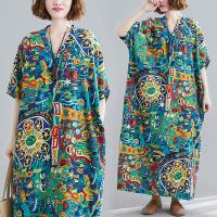 ราคา ชุดเดรสยาวสำหรับผู้หญิงใหม่ ดีไซน์ศิลปะเพิ่มไซส์ พิมพ์ลายบนเนื้อผ้าฝ้ายลินิน ทรงหลวมพร้อมคอกลมและแขนสั้น (40075722349)