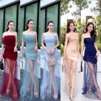 ราคา Hiso l (พร้อมส่ง) Code : ST240786 เดรสไหล่เฉียงผ้าซีทรูชายกระโปรงยาวเป็นซีทรู เดรสไปงาน งานป้าย stylista120 H.Closet (28174960335)