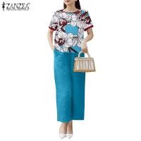 ราคา Zanzea Womens Floral Blouse Loose Cropped Pants Casual Two Piece Set (29361166743)