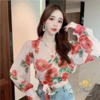 ราคา เสื้อลายดอก คอวีป้าย แขนยาว ทรงผูกเอวเก๋มากค่ะ (2510937454)