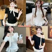 ราคา Lisa พร้อมส่งเสื้อยืดแขนสั้น เปิดไหล่ข้างเดียว เสื้อปาดไหล่ ดีเทลเย็บชายระบาย แถมโช้คเกอร์ ผ้าพันคอลายจุด สไตล์เกาหลี (42909616906)