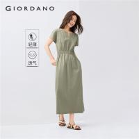 ราคา GIORDANO WOMEN 100% Cotton v-neck elastic waist dress 13465327 (24244686378)