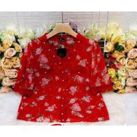 ราคา เสื้อชีฟองคอวีลายดอกสีแดง (14741527695)