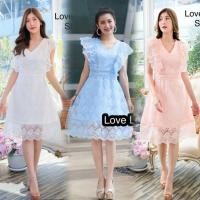 ราคา เดรสสั้นสีฟ้ารับวันแม่!!! M-2XL Mini Dress เดรสสั้นสีขาว,สีโอรสแขนระบาย งานป้าย Love love (24050463475)