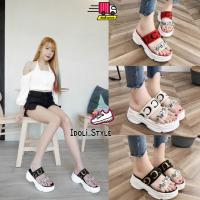 ราคา Idoli style รองเท้าแตะส้นตึก สีขาว ดำ แดง ประดับเพชร (6613483951)