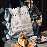 ราคา กระเป๋าผ้าลูกไม้ ตกแต่งพู่ สีขาว-ฟ้า (18051461005)