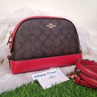 ราคา เหมือนใหม่ สะพายข้าง Coach รุ่นหายาก มือสองของแท้Coach F76674 Dome Crossbody Signature Canvas สีน้ำตาลเข้มลายซี ขอบแดง (18974820253)