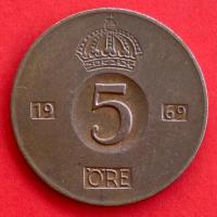ราคา เหรียญสวีเดน​​ Sweden 5 öre ปี 1969 เหรียญต่างประเทศ (19975113118)