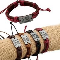ราคา Vintage Unisex Faux สร้อยข้อมือหนังแท้ฉันรักพระเยซูประดับตัวอักษร RopeBangle (1216951871)