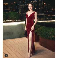 ราคา เดรสยววสีแดงออกงาน ชุดราตรียาวสีแดงทรงผ่าข้างสวยหรู ชุดสีแดงสวยๆ stylista (4407353501)