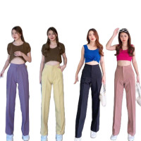 ราคา กางเกงเอวสูงขากระบอกกลางซิปหน้า ผ้าเปเป้ (13074379359)