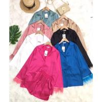 ราคา ชุดเซต 2ชิ้น เนื้อผ้าซาติน สีพื้น สวยหรู ไฮโซมาก เสื้อทรงเชิ้ตคอปกแขนยาว กระดุมหน้ายาว (18762124756)