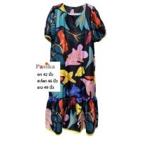 ราคา ชุดเดรสผ้าไหมอิตาลีลายกราฟฟิก อก 42 สีดำพิมพ์ลายใบไม้แขนตุ๊กตา (23914196835)