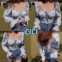 ราคา ส่งทันที Cici(NO. J2136) เสื้อแขนยาวสม็อคหลัง แขนตุ๊กตา เชือกด้านหน้ารูดได้ พิมพ์ลายตาราง ดอกไม้น่ารักๆ (27037461961)
