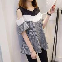 ราคา เสื้อยืด ผ้าพื้น แขนสั้นปาดไหล่ทั้งสองข้าง คอกลม แต่งเย็บต่อผ้าพื้นและลายสก็อต อก38-45ยาว26งานป้ายH&J (3880119746)