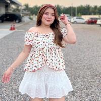 ราคา เสื้อปาดไหล่แขนระบาย ปล่อยชายระบาย ลายโบฮีเมียน ลายดอกไม้ (28334859625)